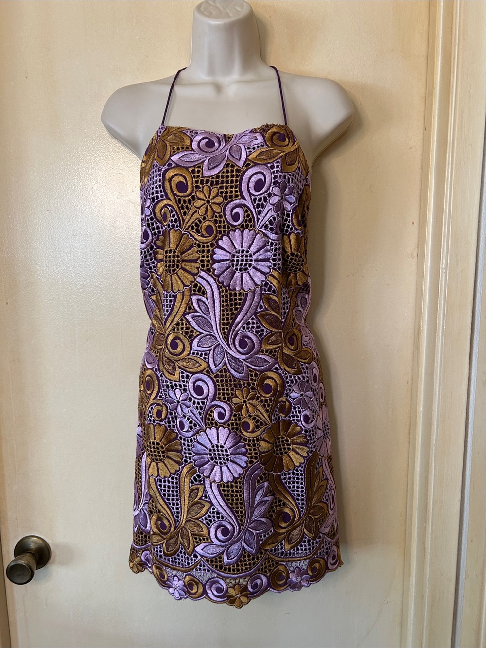 Anthropologie Purple Gold Floral Embroidered Sleeveless Halter Mini Dress 10P